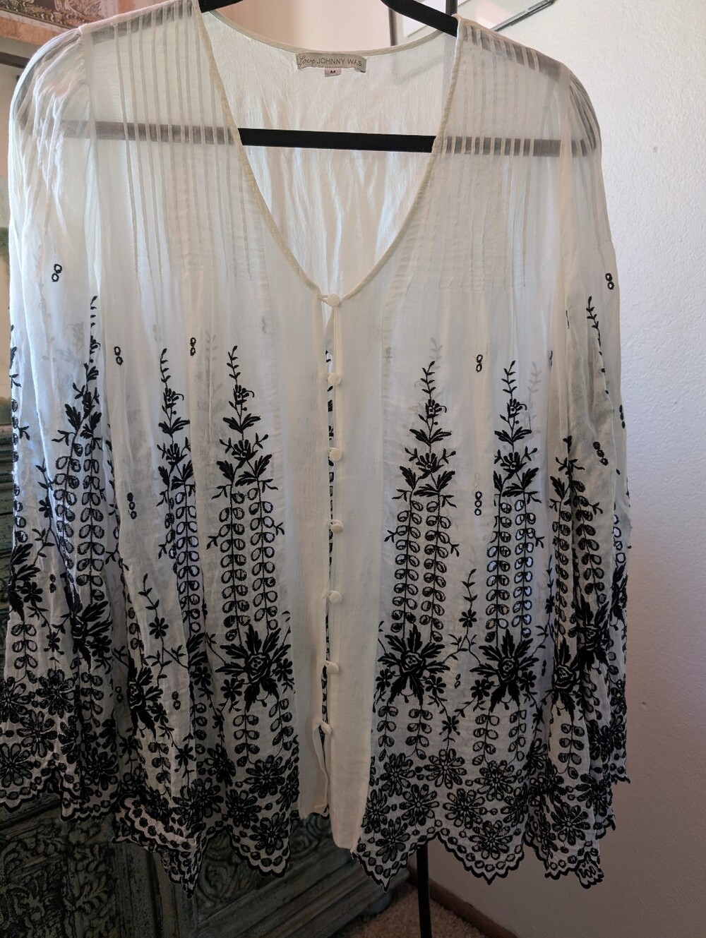 Johnny Was White Sheer Blouse with Black Floral Embroidery